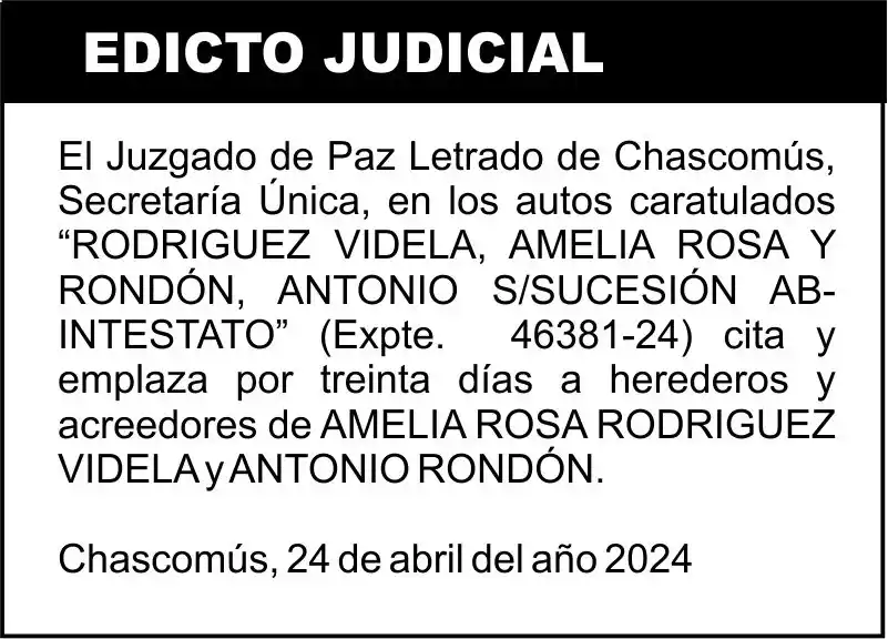 “RODRIGUEZ VIDELA, AMELIA ROSA Y RONDÓN, ANTONIO S/SUCESIÓN AB-INTESTATO”