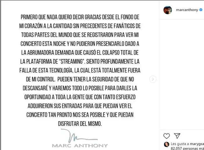 Marc Anthony dijo que la alta demanda de su show hizo colapsar la plataforma. Foto Instagram