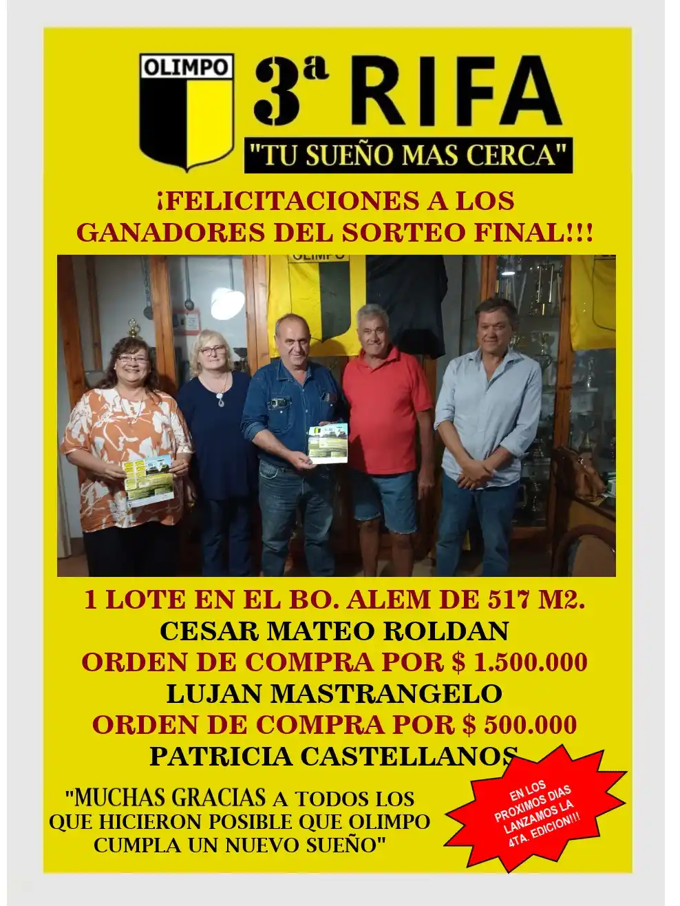 Olimpo felicitó a los ganadores de su rifa