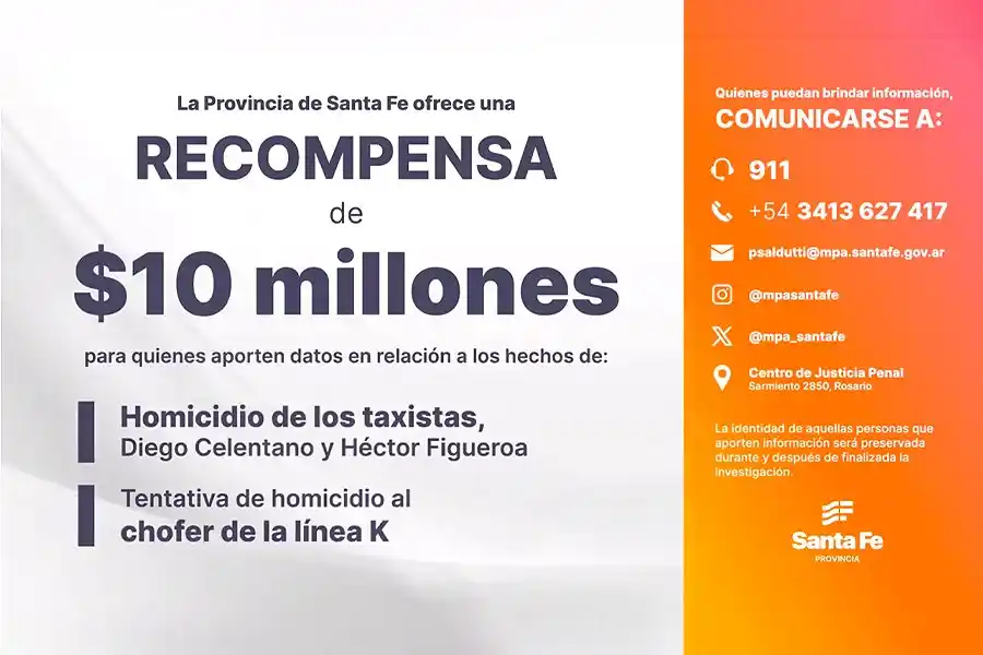 El gobierno recompensará con $10.000.000 a quienes aporten datos sobre los crímenes de los taxistas y el ataque al colectivero en Rosario