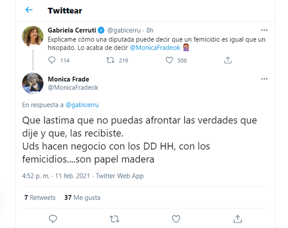 Diputada Mónica Frade acusó a Gabriela Cerruti de "hacer negocios con los femicidios"