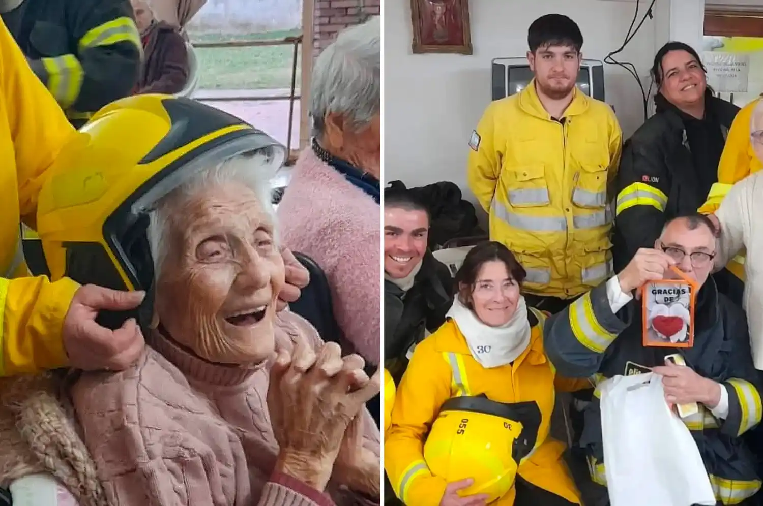 El divertido momento de unos abuelos que recibieron la visita de Bomberos Voluntarios de la región