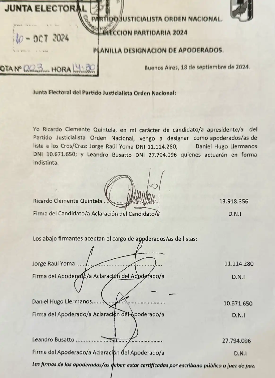 Quintela es el primero en presentar lista en la Junta Electoral del PJ Nacional.