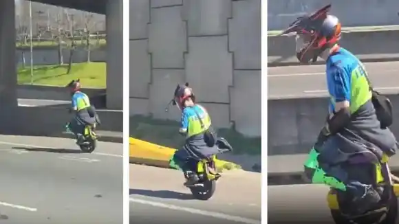 Video: un hombre recorre la Panamericana en monociclo eléctrico a 100 km/h y usando el celular