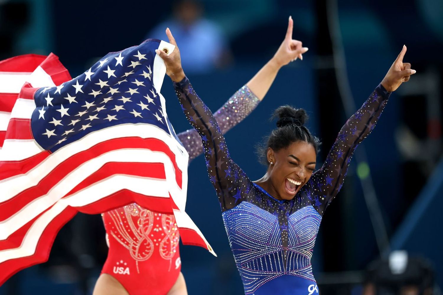 Simone Biles celebrates her All-Around victory at the Paris 2024 Olympic Games.