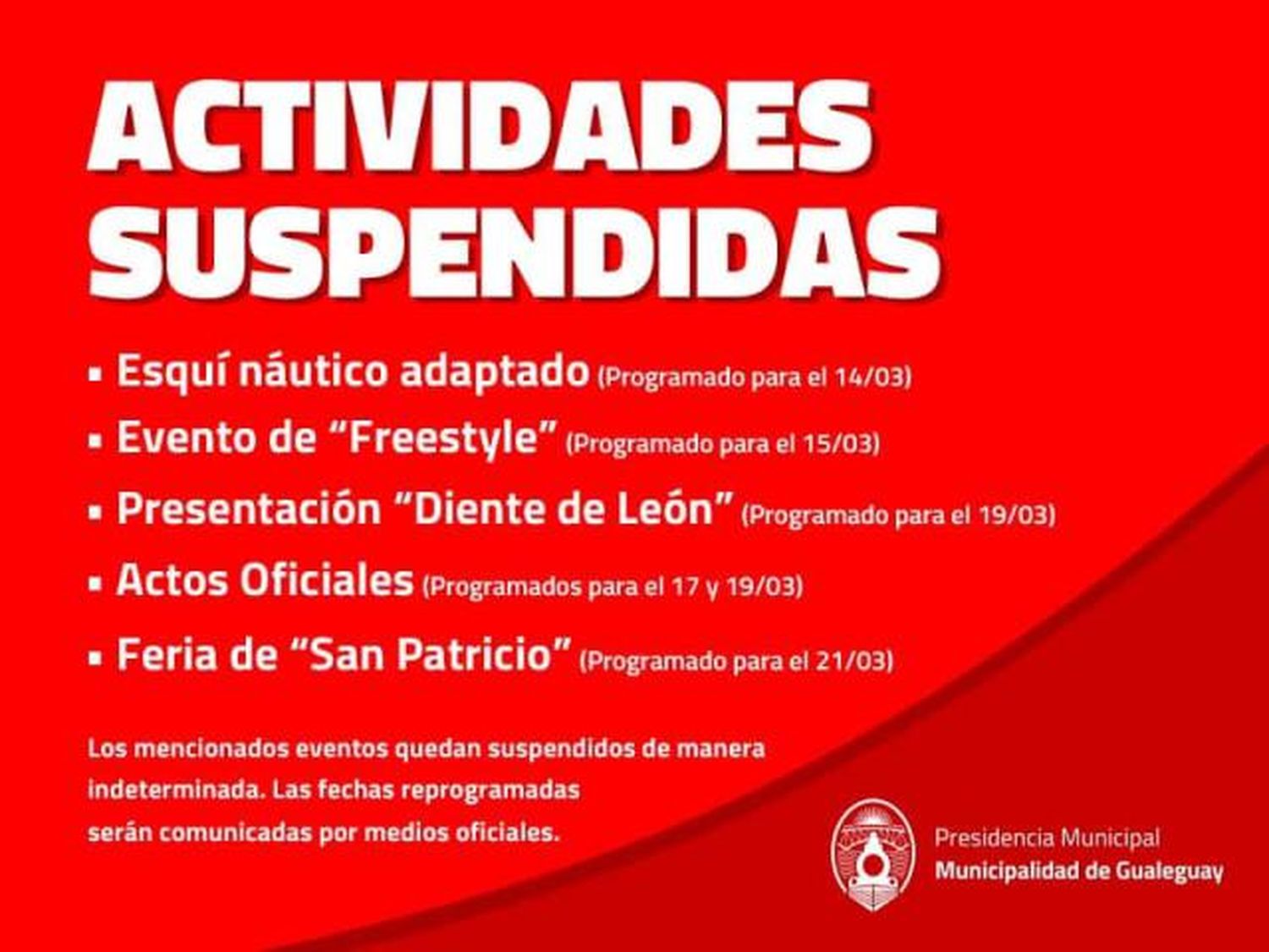 Eventos y actividades suspendidas en Gualeguay por el Coronavirus