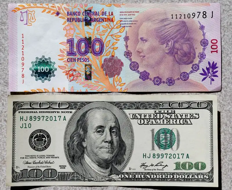 Billete de $100 y de U$S100