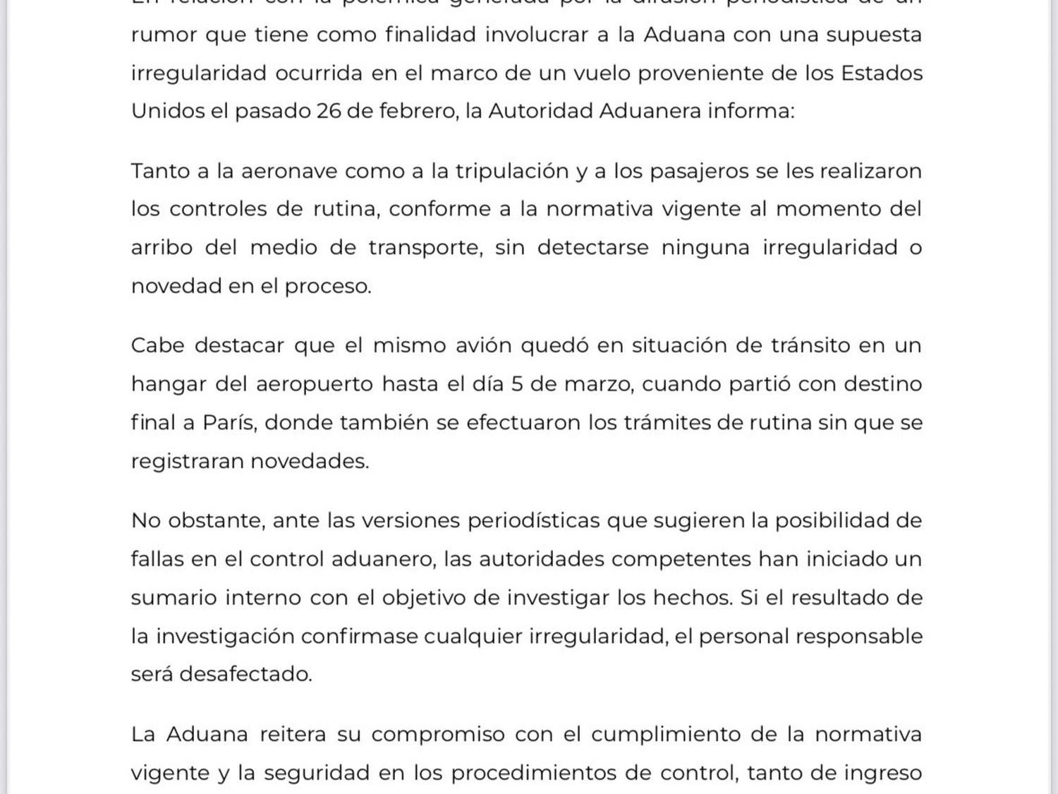 Comunicado ADUANA