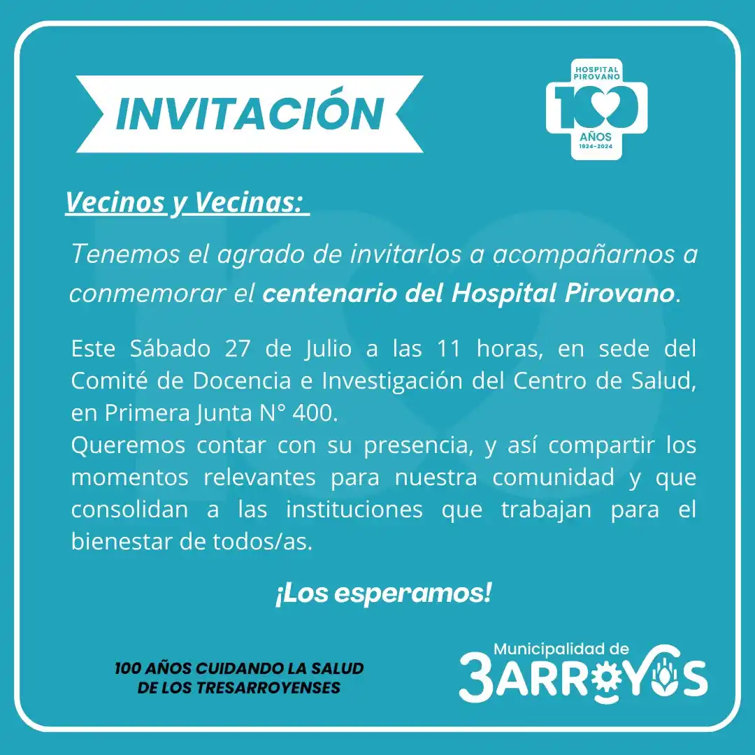 Invitan a participar del acto por los 100 años del Hospital Pirovano