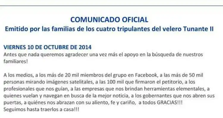 Tunante II: Comunicado oficial de los familiares