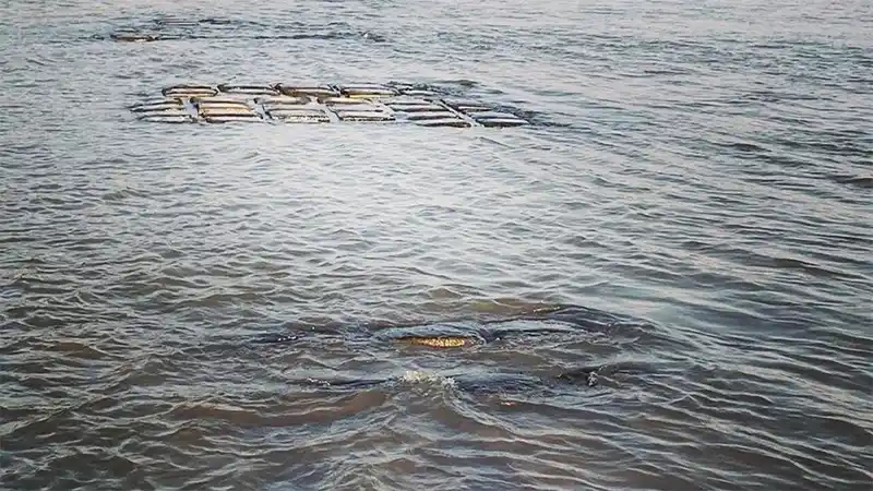 La manta geotextil que protege el túnel fue colocada hace 20 años y ante la bajante del río quedó al descubierto