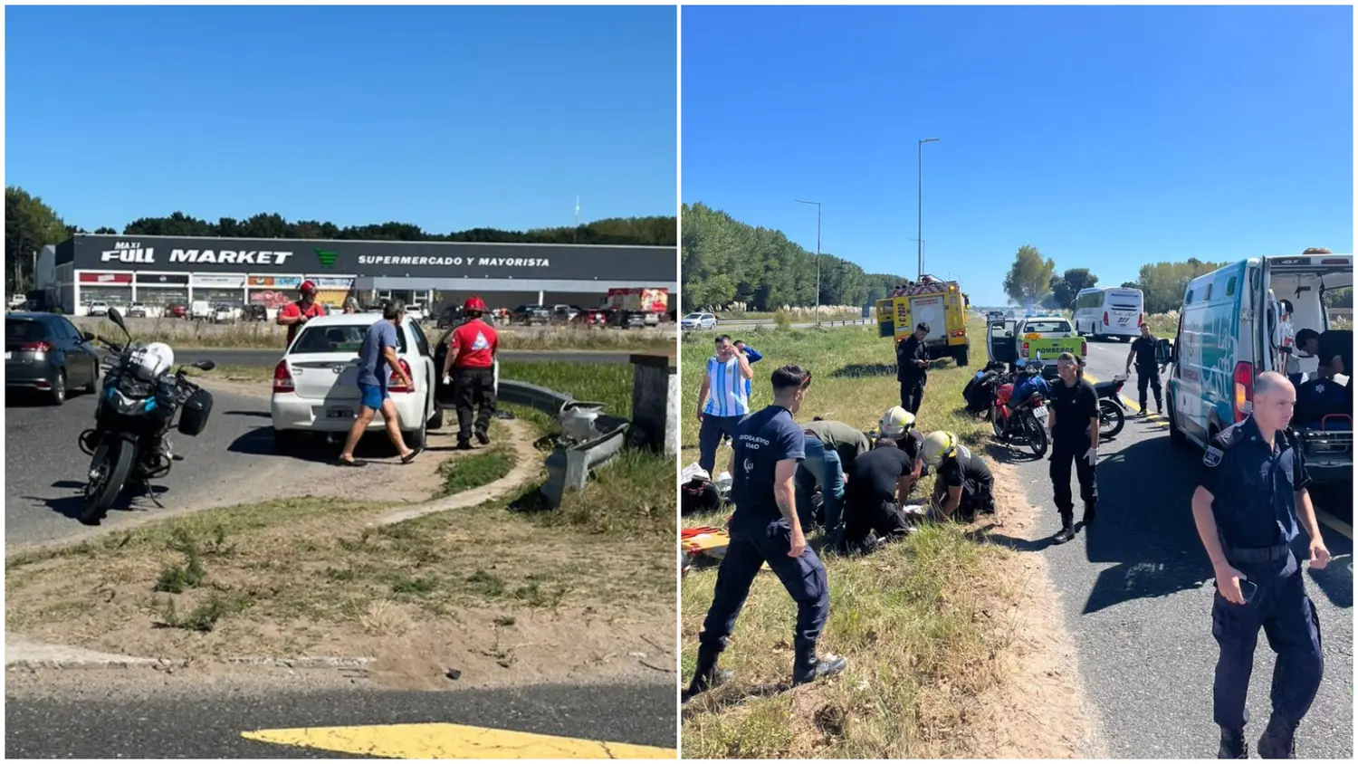 Accidente en la rotonda de ingreso a Mar del Tuyú: choque entre auto y cuatro motos dejó un herido grave