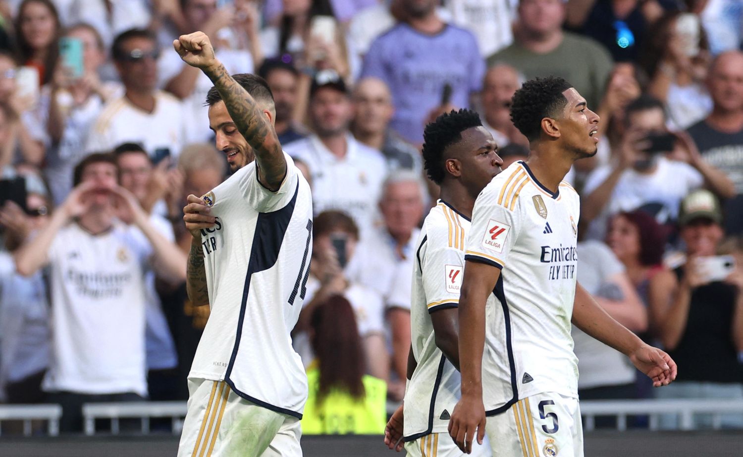 Joselu, Vinicius y Bellingham, los goleadores de ayer en el Bernabéu.