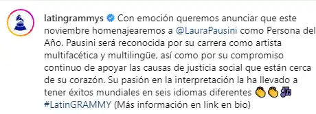 Así fue el anunció de la distinción que recibirá Laura Pausini. Foto Instagram
