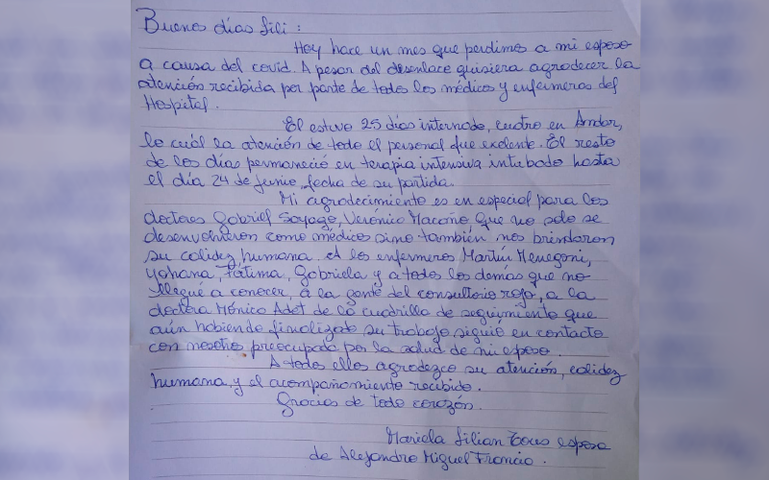 La emotiva carta de Mariela, esposa de Alejandro Francia, fallecido con coronavirus