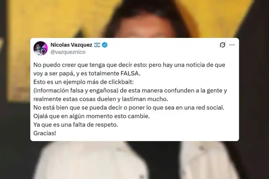El posteo de Nico Vázquez desmintiendo el embarazo