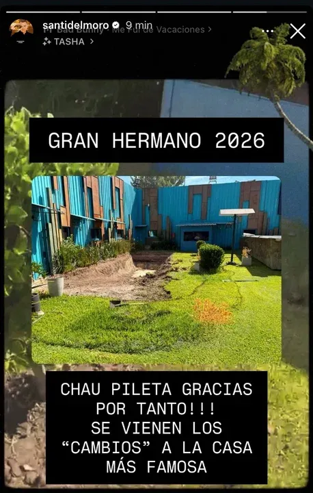 La historia de Instagram de Santiago del Moro anunciando que retiraron la pileta de la Casa de Gran Hermano.