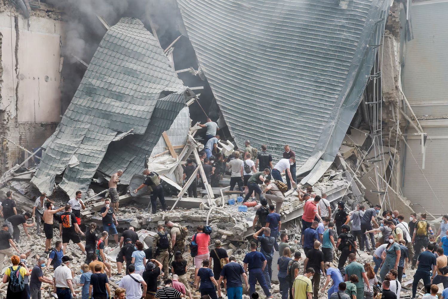 Rescuers work at Ohmatdyt Children's Hospital that was damaged during a Russian missile strikes, amid Russia's attack on Ukraine, in Kyiv, Ukraine July 8, 2024