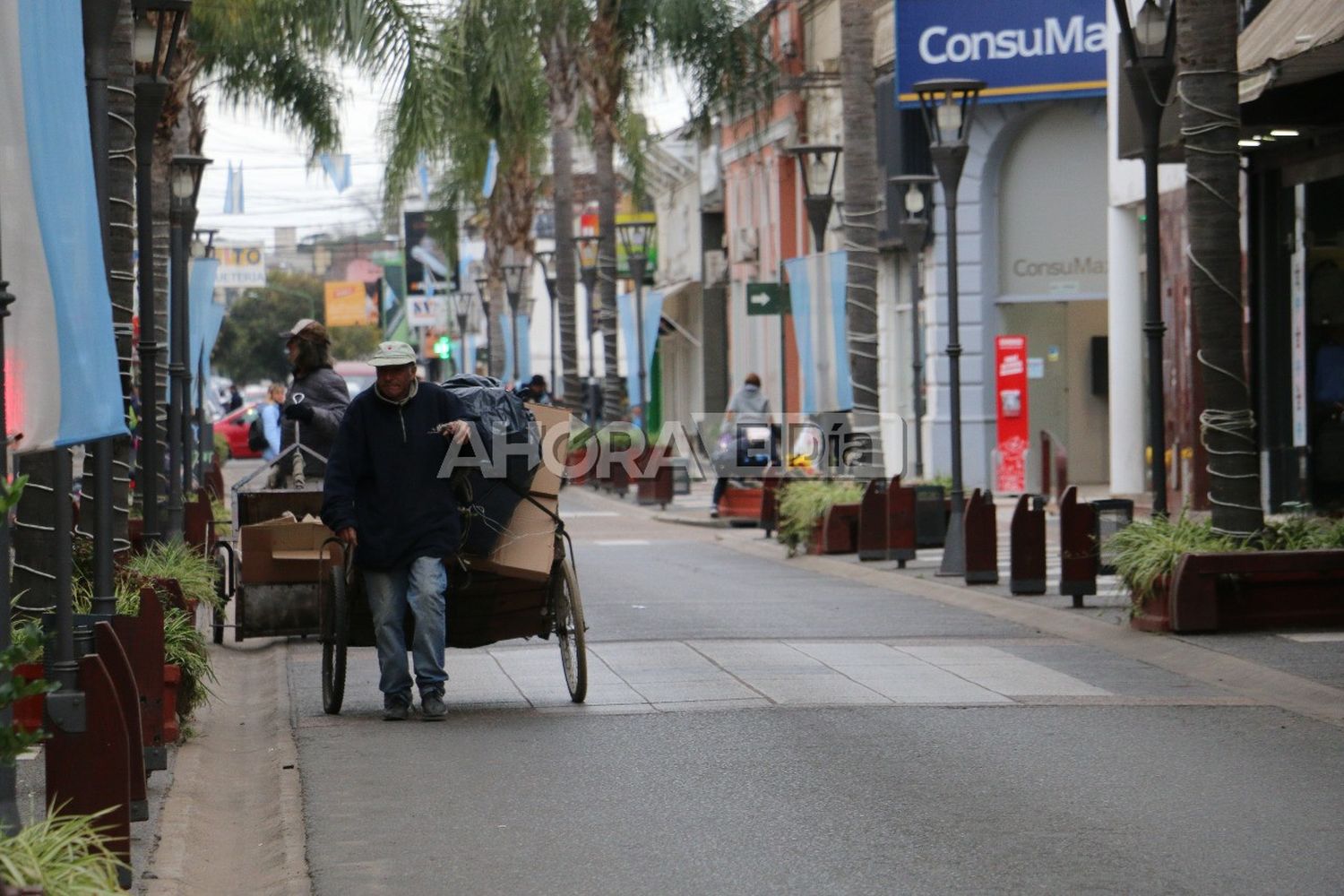 Dos hombres tiran de sus carros con cartones en el centro de Gualeguaychú.