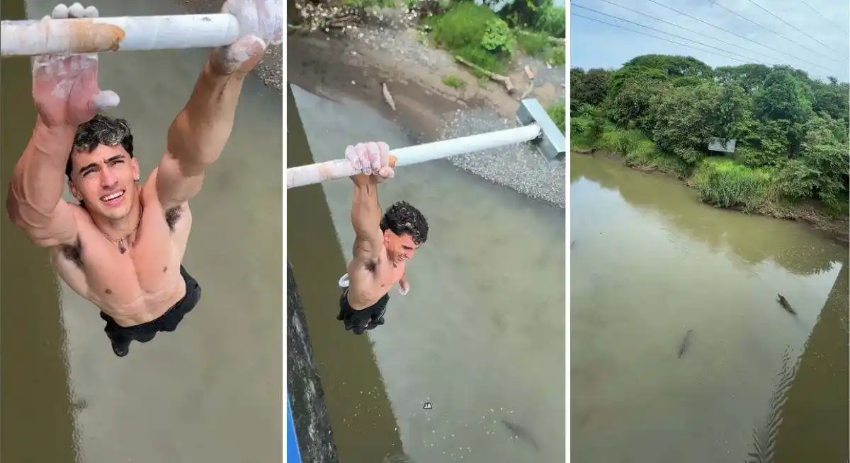 Un joven 'influencer' hace dominadas rodeado de cocodrilos.