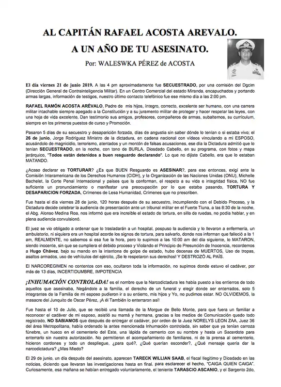 A un año del asesinato: exigen castigo para los culpables de la muerte del capitán Rafael Acosta Arévalo