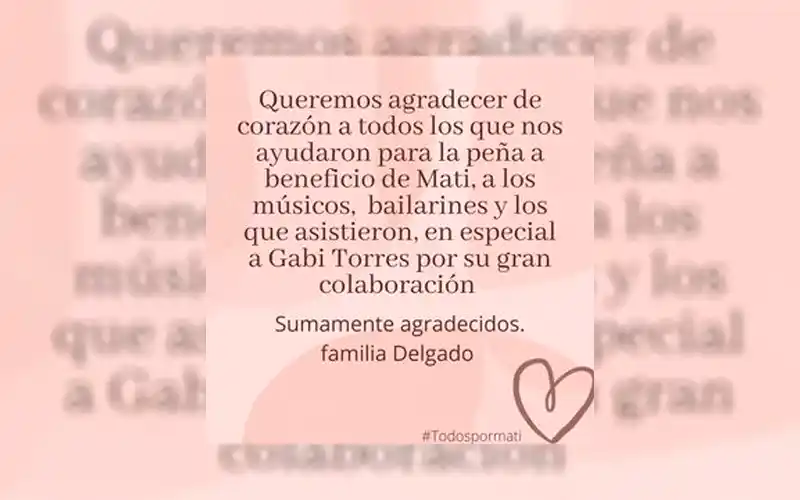Familia Delgado agradece a quienes colaboraron en la peña