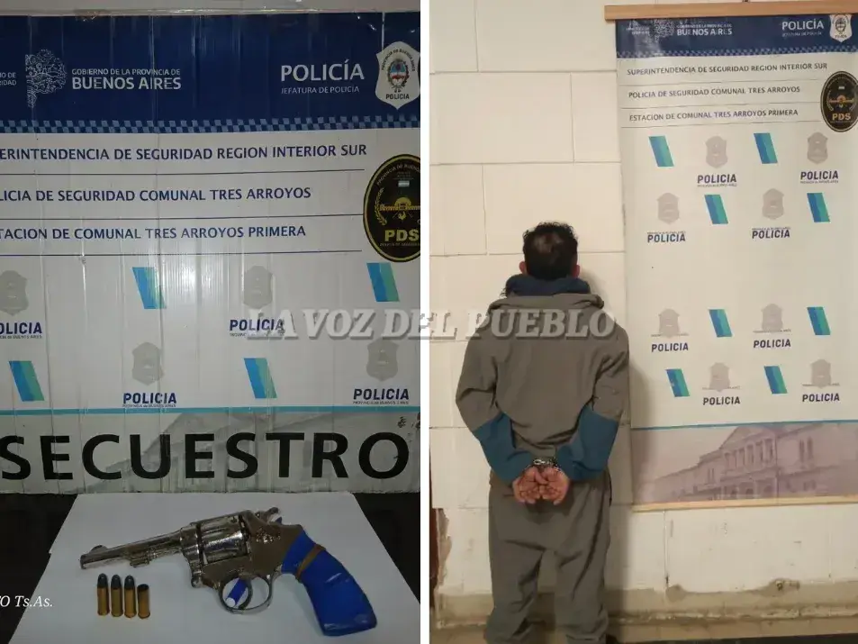 El arma secuestrada y el aprehendido. Fotos enviadas a la prensa