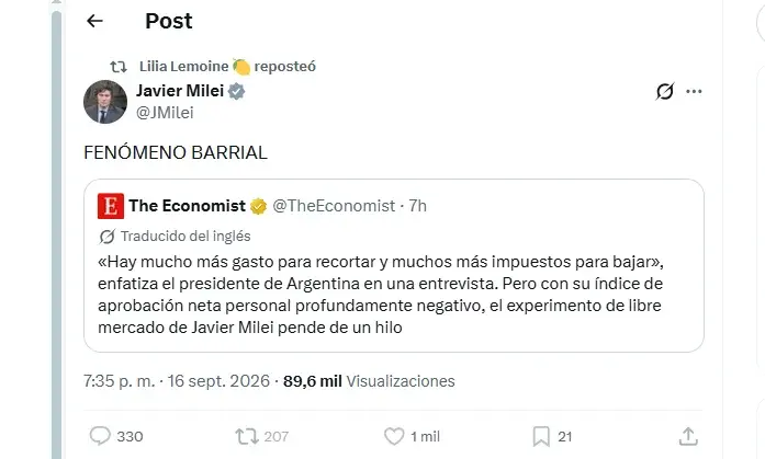 Insólito: Javier Milei compartió tuit de The Economist que dice que su "experimento de libre mercado pende de un hilo"