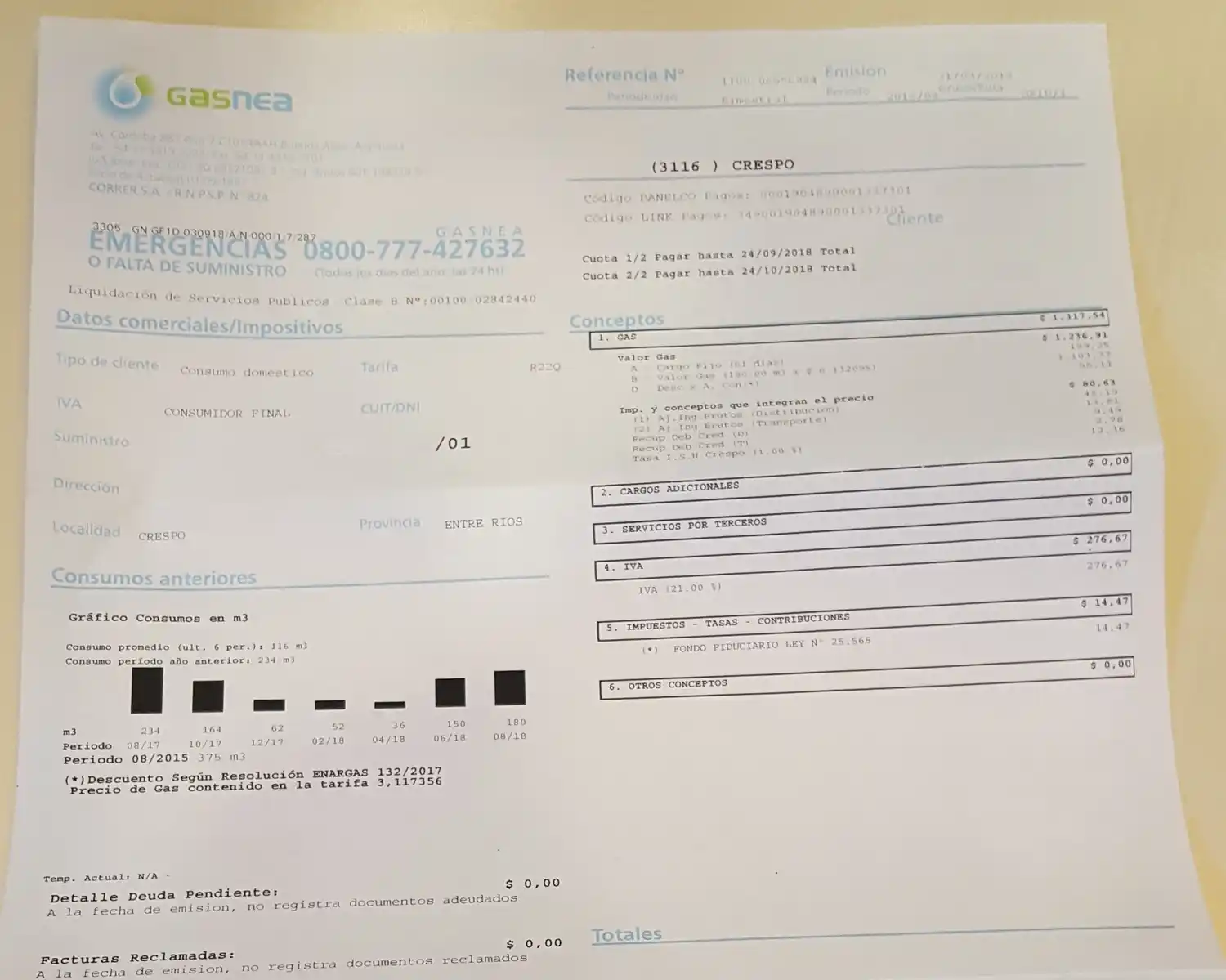 Gas Nea toma normal lectura de los consumos