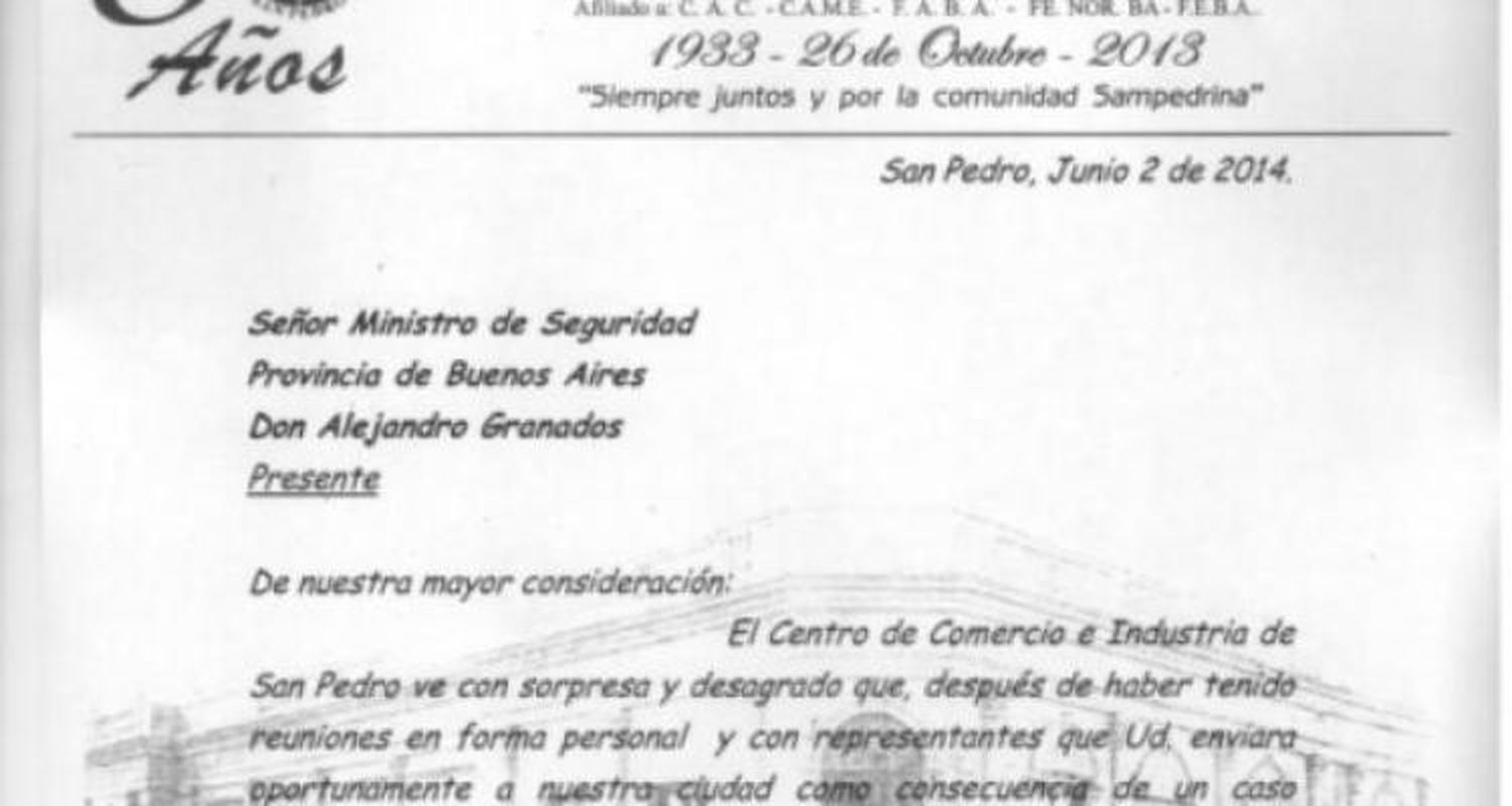 Duro comunicado del Centro de Comercio al Ministro de Seguridad provincial