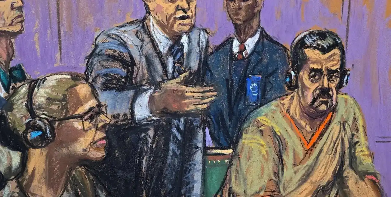 Boceto del expresidente venezolano Nicolás Maduro, junto a su esposa, Cilia Flores, acompañados por sus abogados Mark Donnelly y Barry Pollack, en la sala de audiencias en Nueva York. Crédito: REUTERS / Jane Rosenberg.