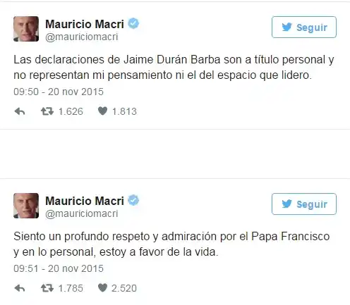 "Las declaraciones de Durán Barba no me representan, siento respeto por el Papa"