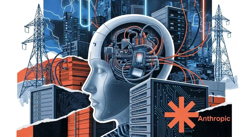 Ilustración conceptual de Anthropic en collage digital que presenta una cabeza de robot con circuitos internos, rodeada de servidores y torres eléctricas, simbolizando la infraestructura y los límites físicos de la IA.