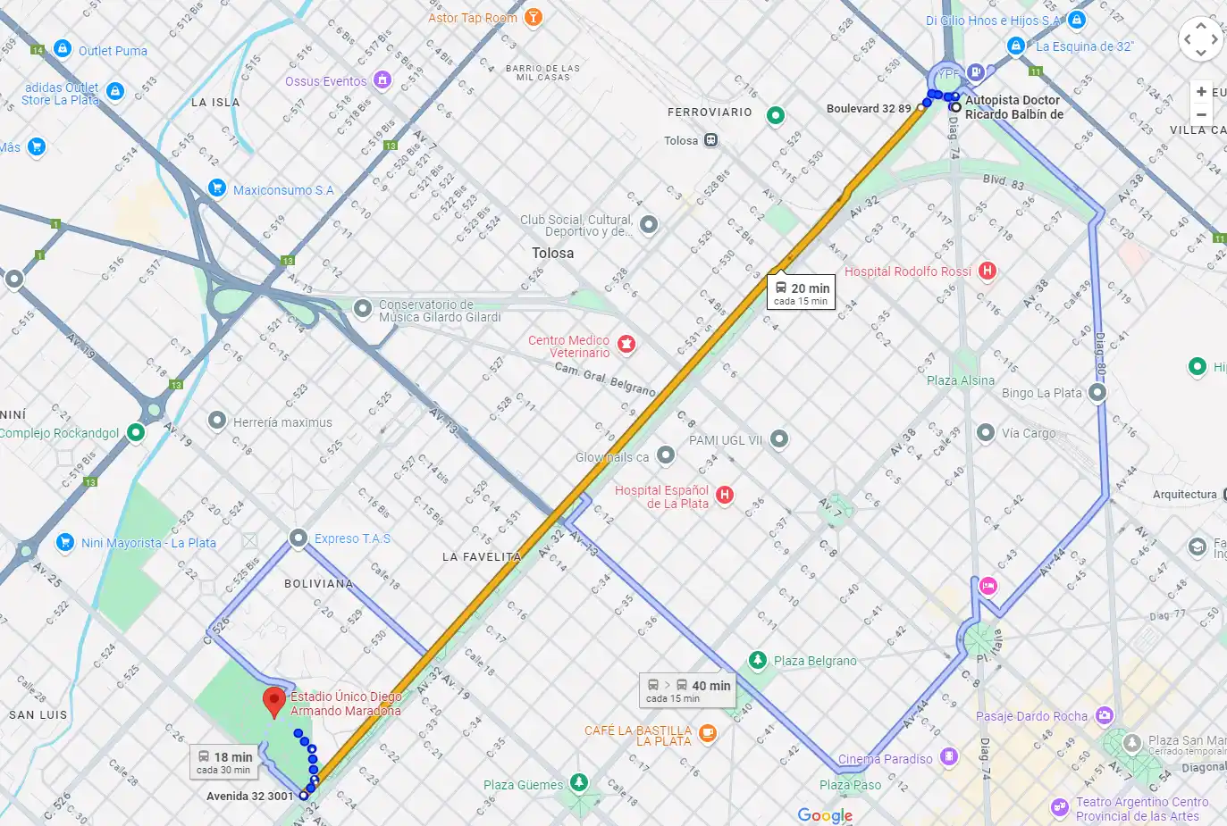 El recorrido desde la Autopista Bs. As - La Plata al Estadio Único pasando por 10 y 32.