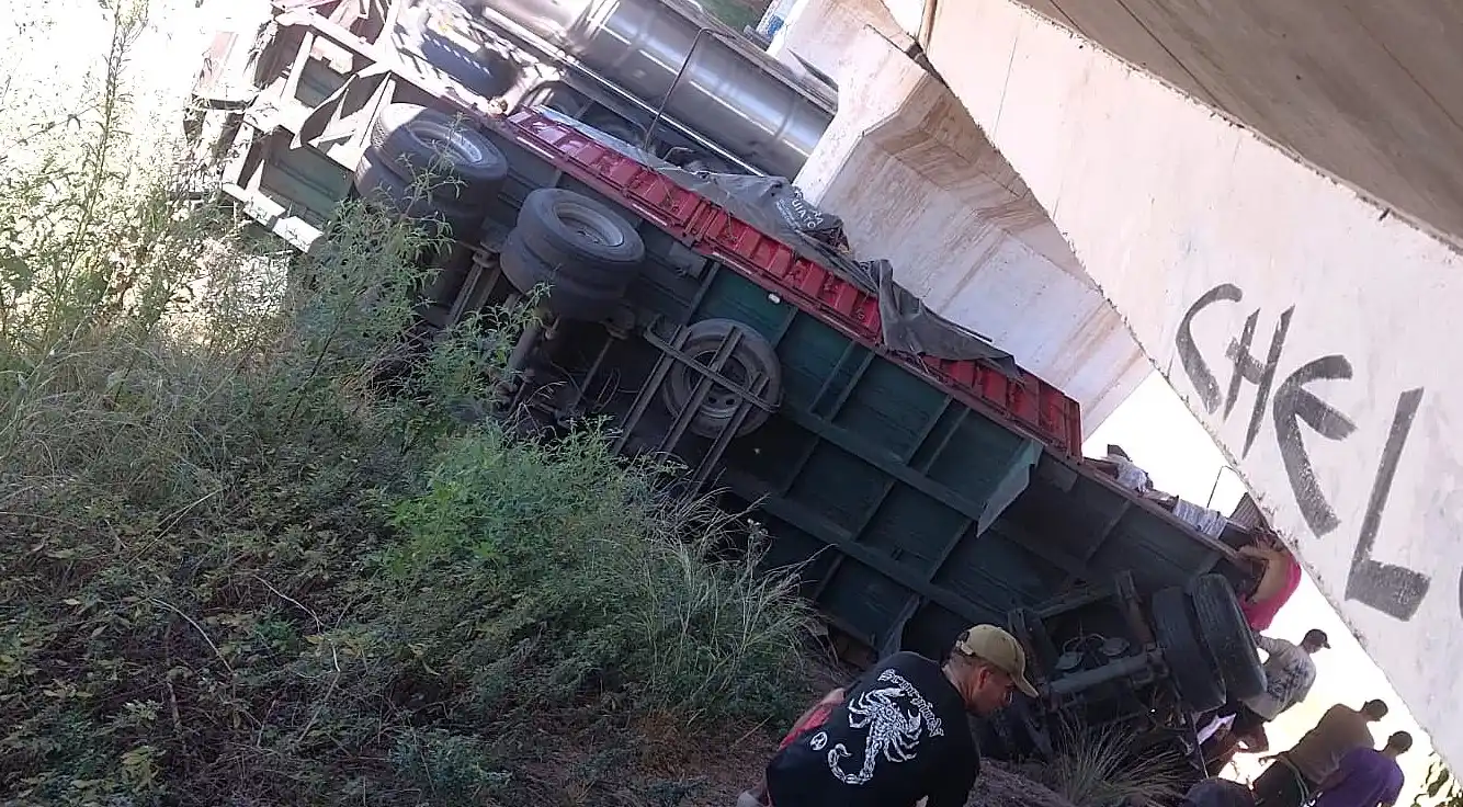 El camión terminó debajo del puente de acceso a La Buena Moza, Su conductor presentó lesiones de consideración.