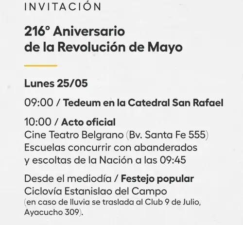 Cronograma de actividades por un nuevo aniversario de la Revolución de Mayo.