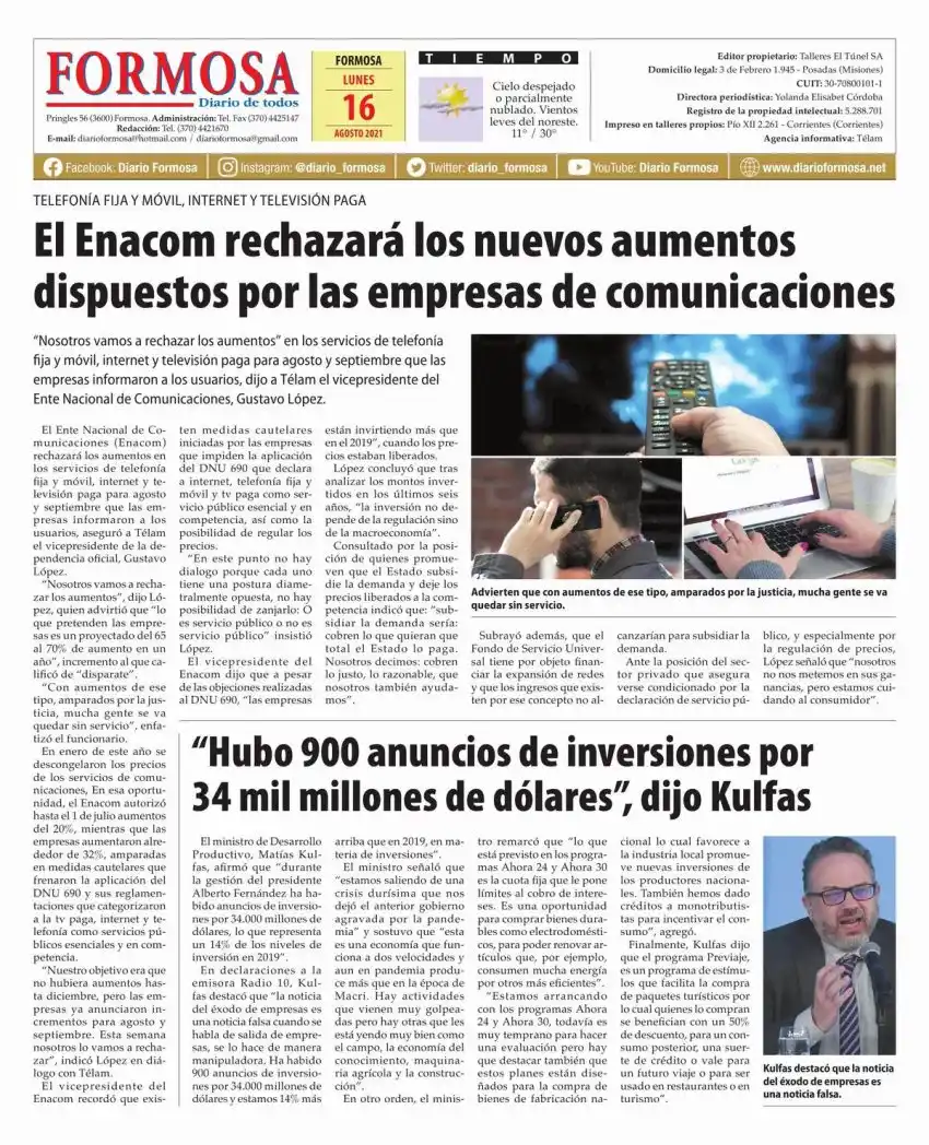 Tapa y Contratapa 16 de agosto de 2021