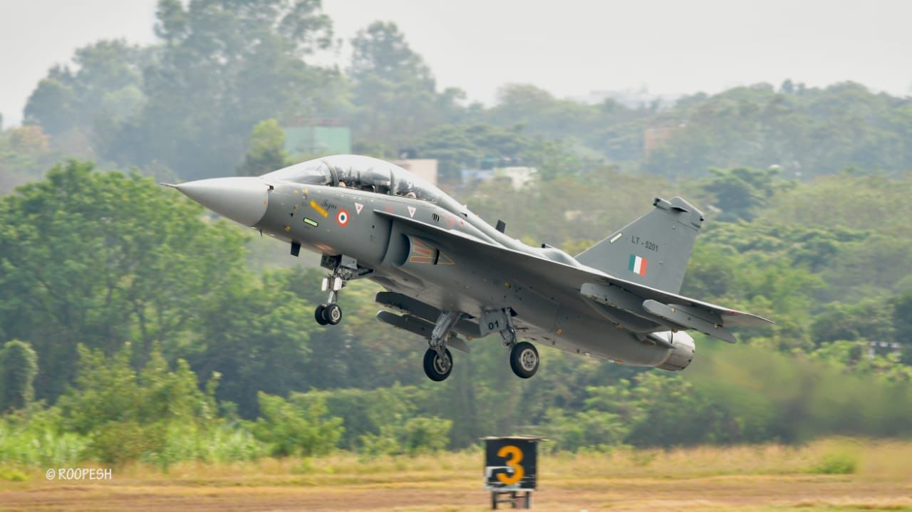 The first mass-produced two-seater training LCA Tejas takes off