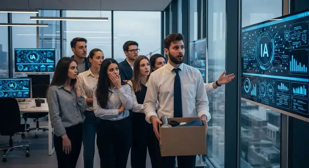 Un empleado junior sostiene una caja con pertenencias mientras él y sus colegas observan con preocupación una pantalla que muestra datos de IA, simbolizando el impacto de la inteligencia artificial en el empleo moderno. - Foto Ilustración