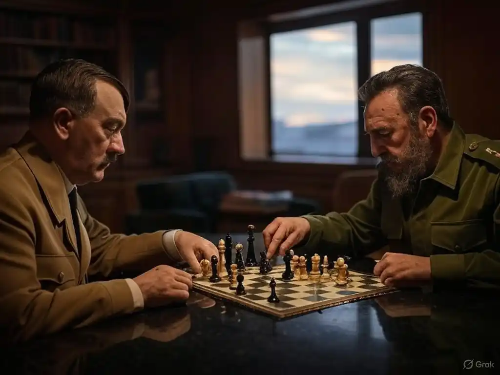 Hitler y Fidel Castro, opuestos ideológicos unidos por la pasión por el ajedrez. IMAGEN: IA