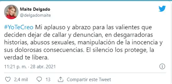 Mite Delgado se solidarizó con las víctimas. Foto Twitter