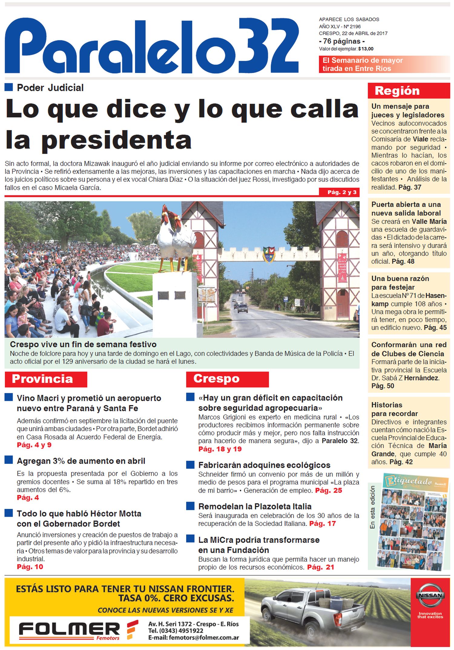 La tapa del sábado de Paralelo 32 edición Crespo