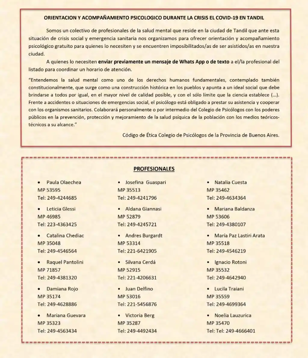 Orientación y acompañamiento psicológico durante la crisis del COVID-19 en Tandil