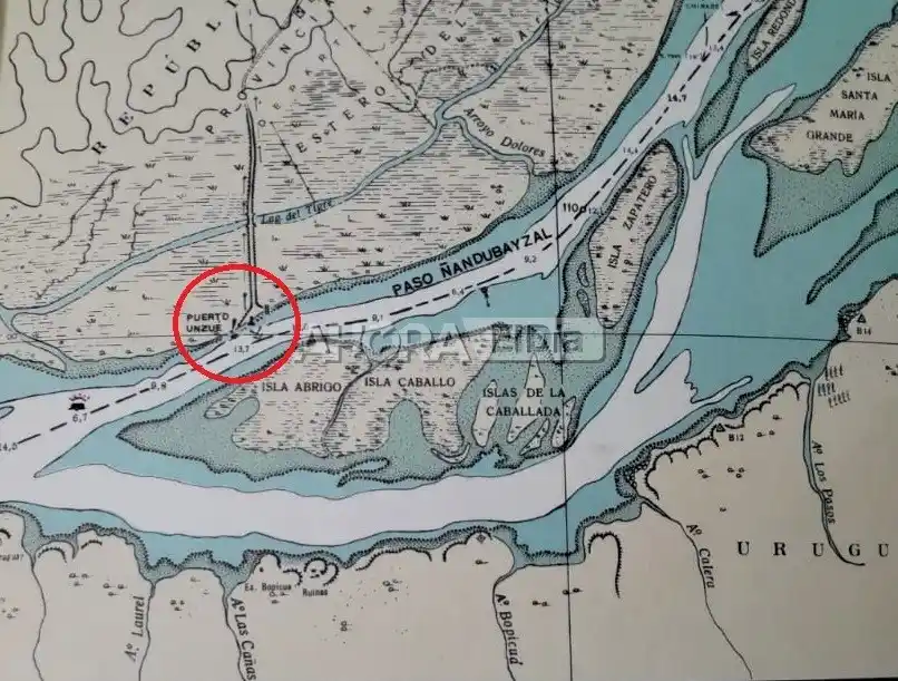 El círculo rojo en el croquis del río Uruguay muestra el lugar donde se ubica “Puerto Unzué”, “la opción más viable” para generar un acceso público al río, según el autor del proyecto