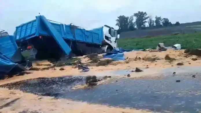 Volcó un camión de soja en medio del temporal en Entre Ríos
