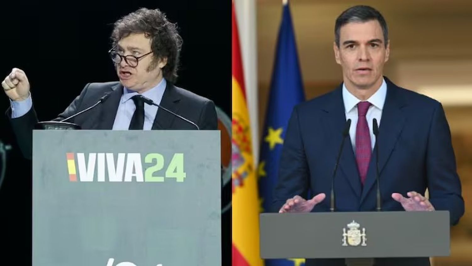 Milei en el acto de Vox / El presidente español, Pedro Sánchez.