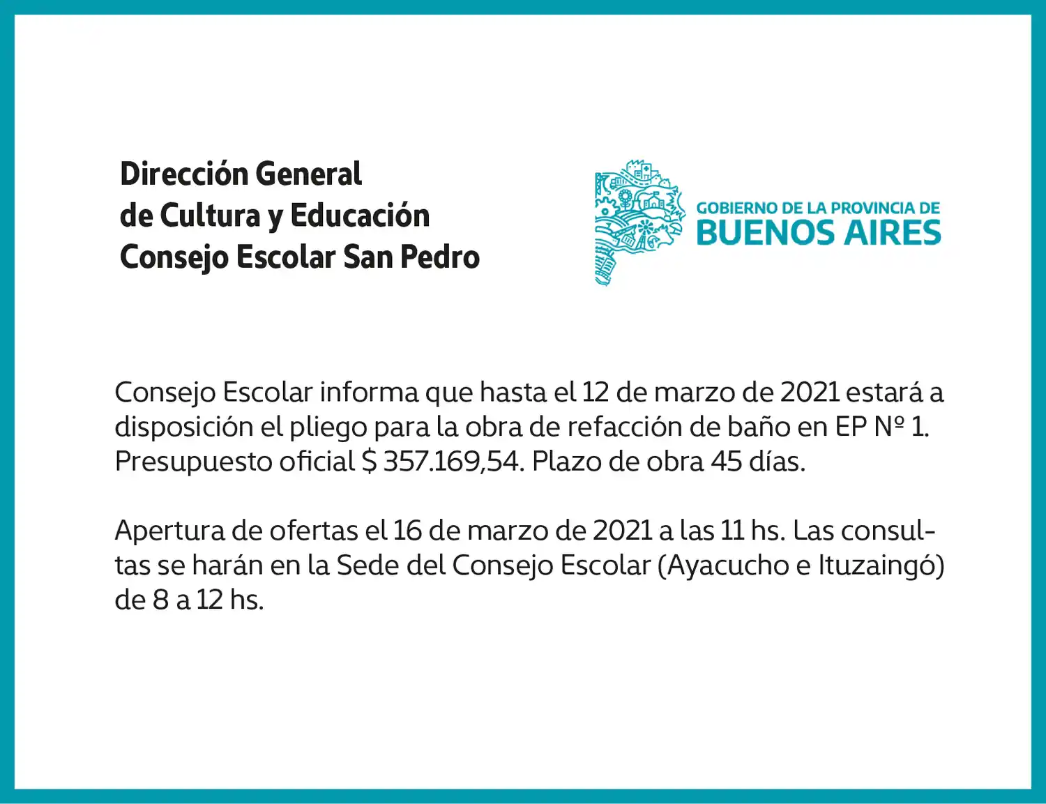[Publicación Oficial] Informe Consejo Escolar: pliegos disponibles para refacción de baños en EP N° 1
