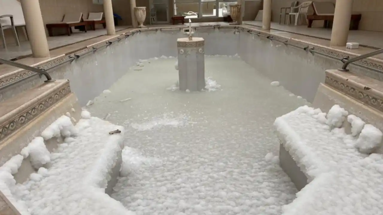 Adolfo Alsina: La pileta del Hotel Epecuén apareció cubierta de sal tras permanecer cerrada y sin calefacción