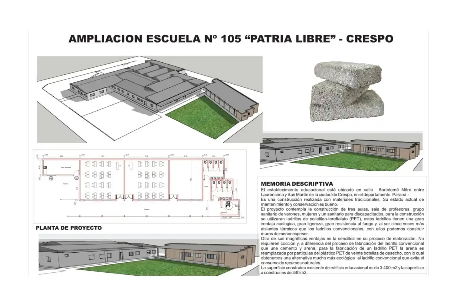 La Escuela N° 105 será la primera institución del país donde construirán una ampliación con ladrillos PET