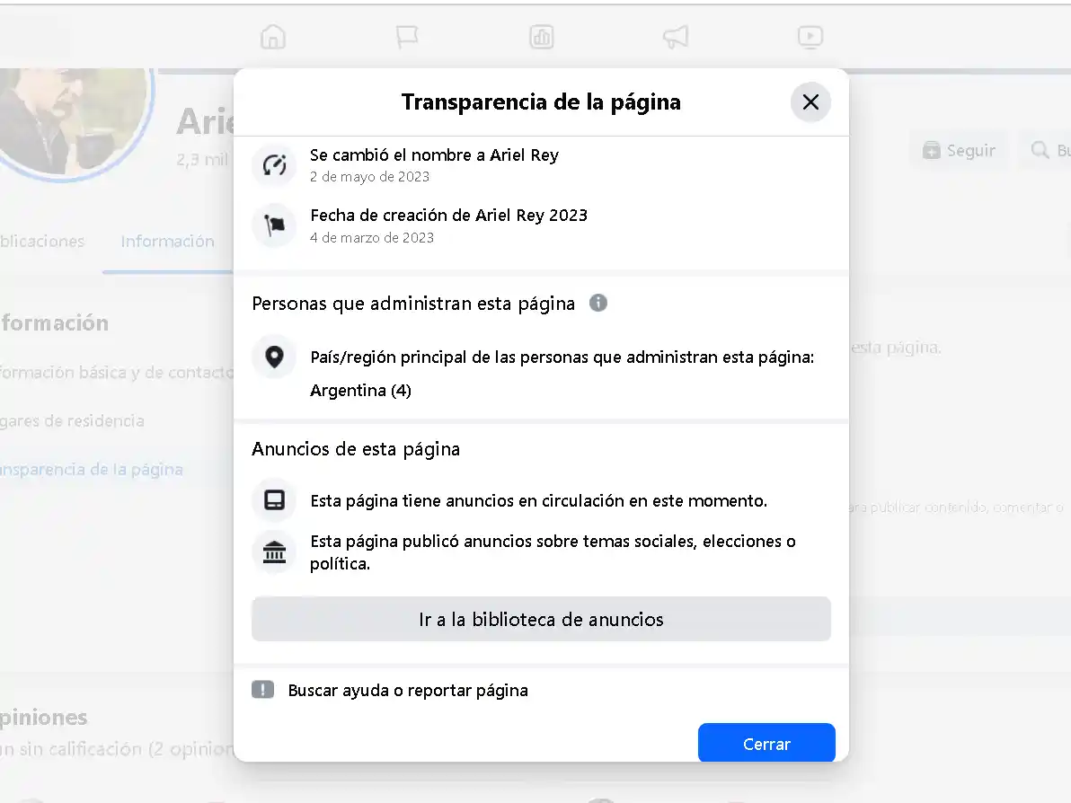 trasparencia en el perfil de Facebook de Ariel Rey